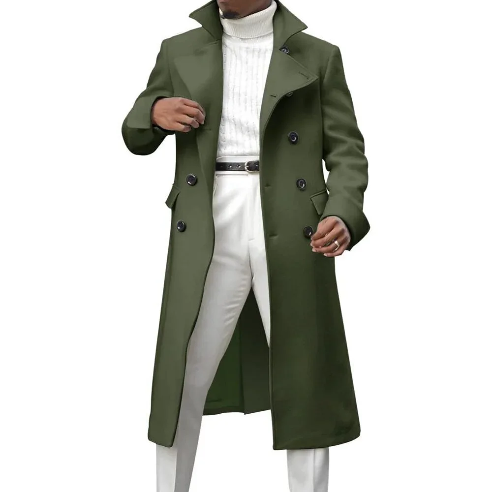 Men's Army Green Notch Lapel Double Breasted Trench Coat Cotton Blend Pea coat